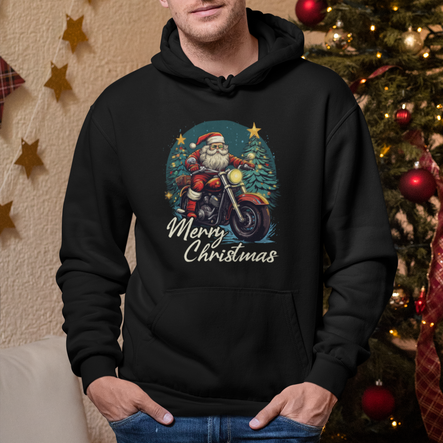 Santa Claus Biker Hoodie Merry Christmas Riding Motorcycle - Wonder Print Shop
