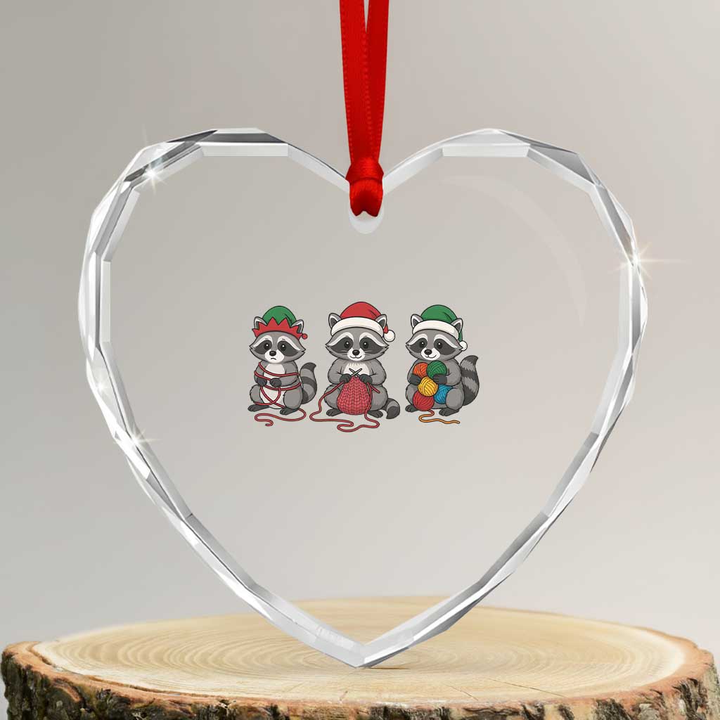 Christmas Raccoon Knitting Heart Crystal Glass Ornament Funny Holiday Yarn Gift - Wonder Print Shop