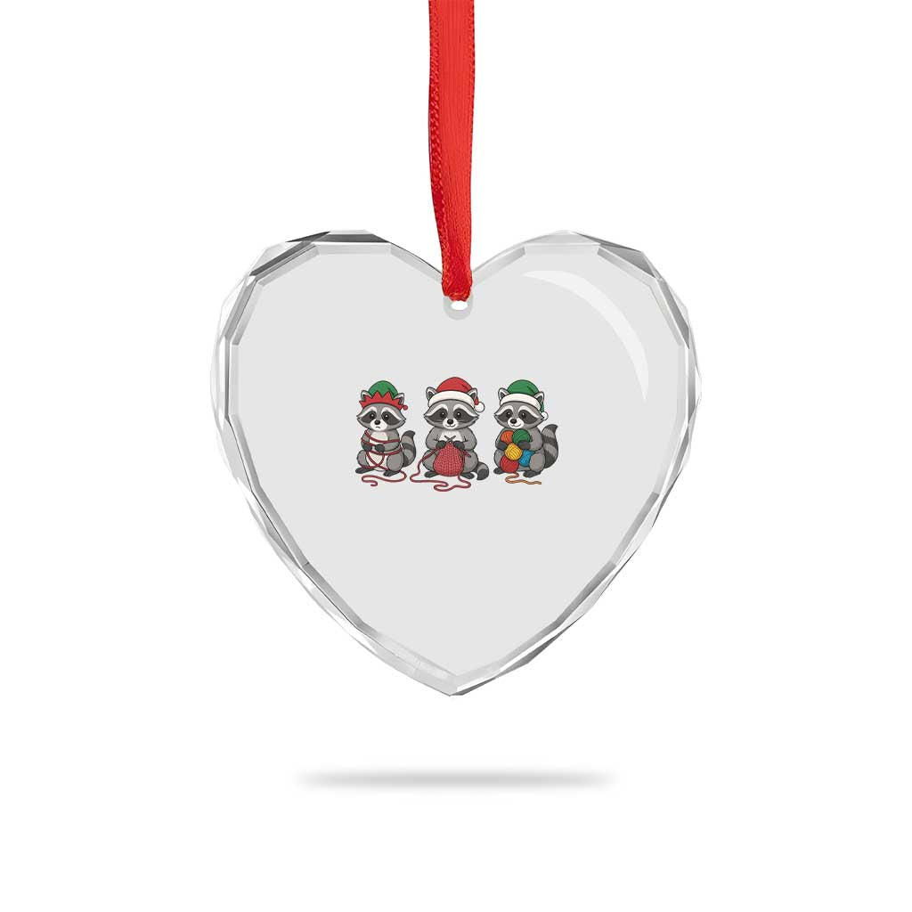 Christmas Raccoon Knitting Heart Crystal Glass Ornament Funny Holiday Yarn Gift - Wonder Print Shop