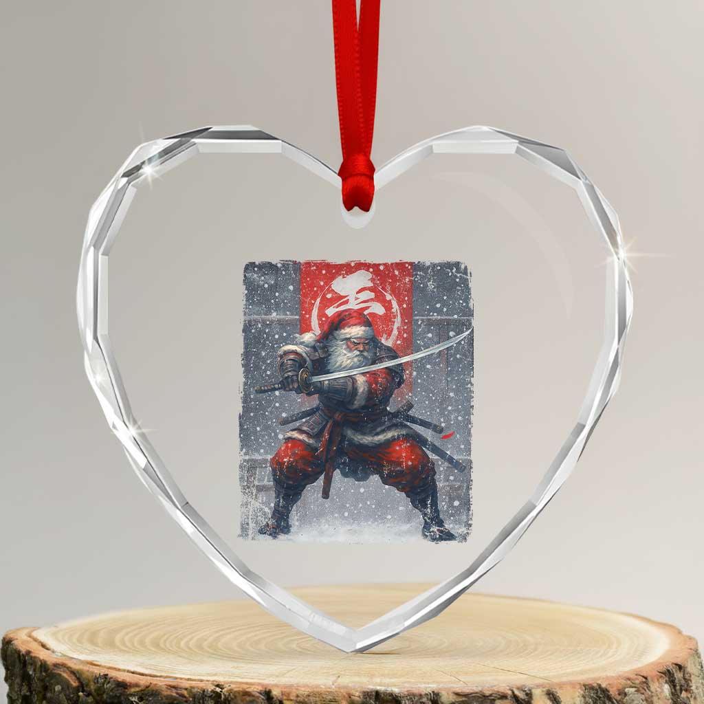 Christmas Samurai Santa Heart Crystal Glass Ornament Japanese Xmas Warrior Sword Katana - Wonder Print Shop