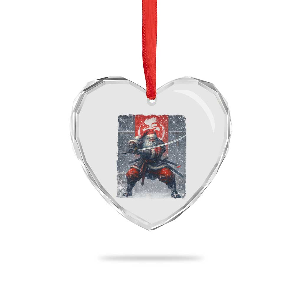 Christmas Samurai Santa Heart Crystal Glass Ornament Japanese Xmas Warrior Sword Katana - Wonder Print Shop