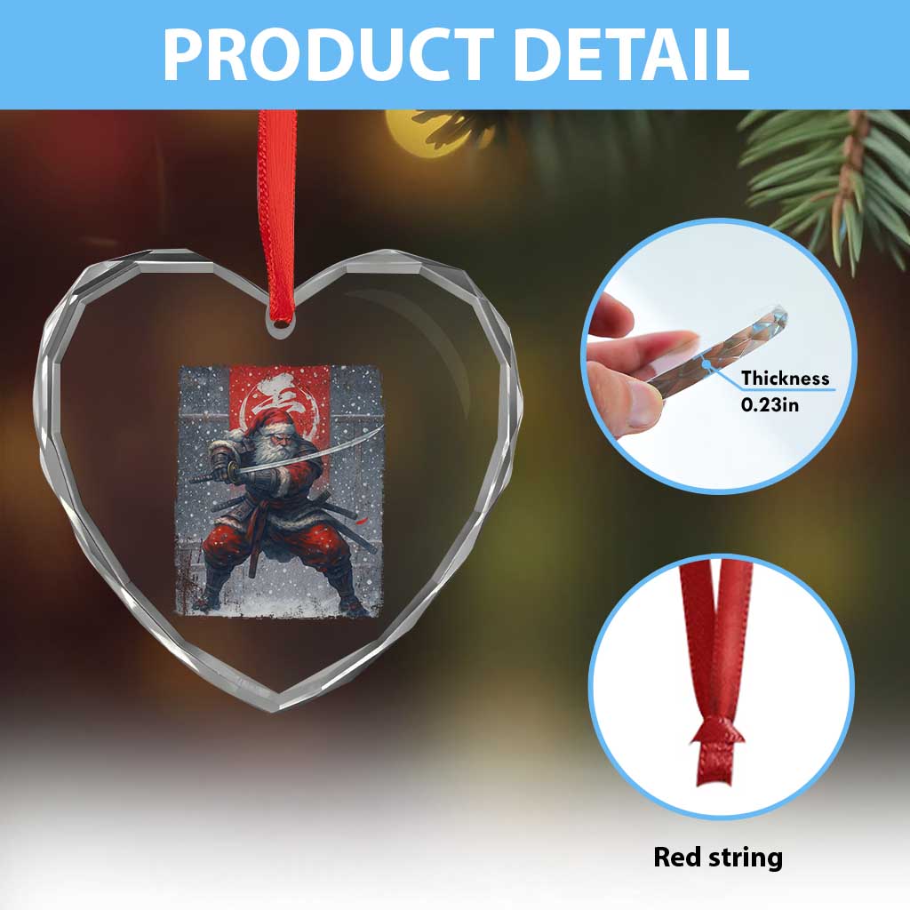 Christmas Samurai Santa Heart Crystal Glass Ornament Japanese Xmas Warrior Sword Katana - Wonder Print Shop
