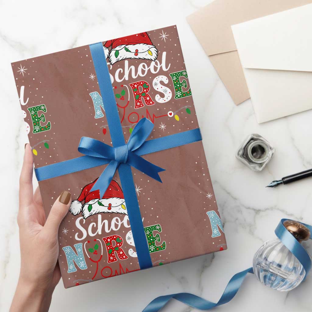 Christmas School Nurse Wrapping Paper Roll Xmas Lights Red Santa Hat Crew Nurse - Wonder Print Shop