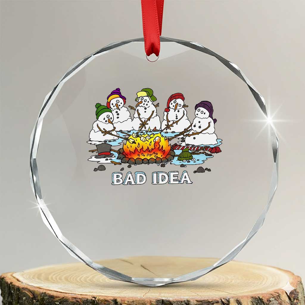Christmas Snowman Campfire Crystal Glass Ornament Bad Idea Melting Snowman Family Roasting Marshmallows - Wonder Print Shop