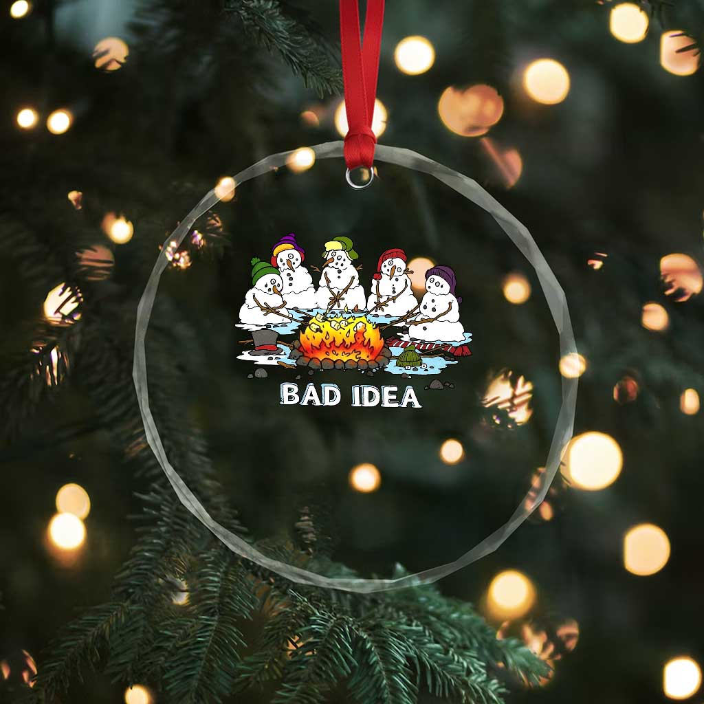 Christmas Snowman Campfire Crystal Glass Ornament Bad Idea Melting Snowman Family Roasting Marshmallows - Wonder Print Shop