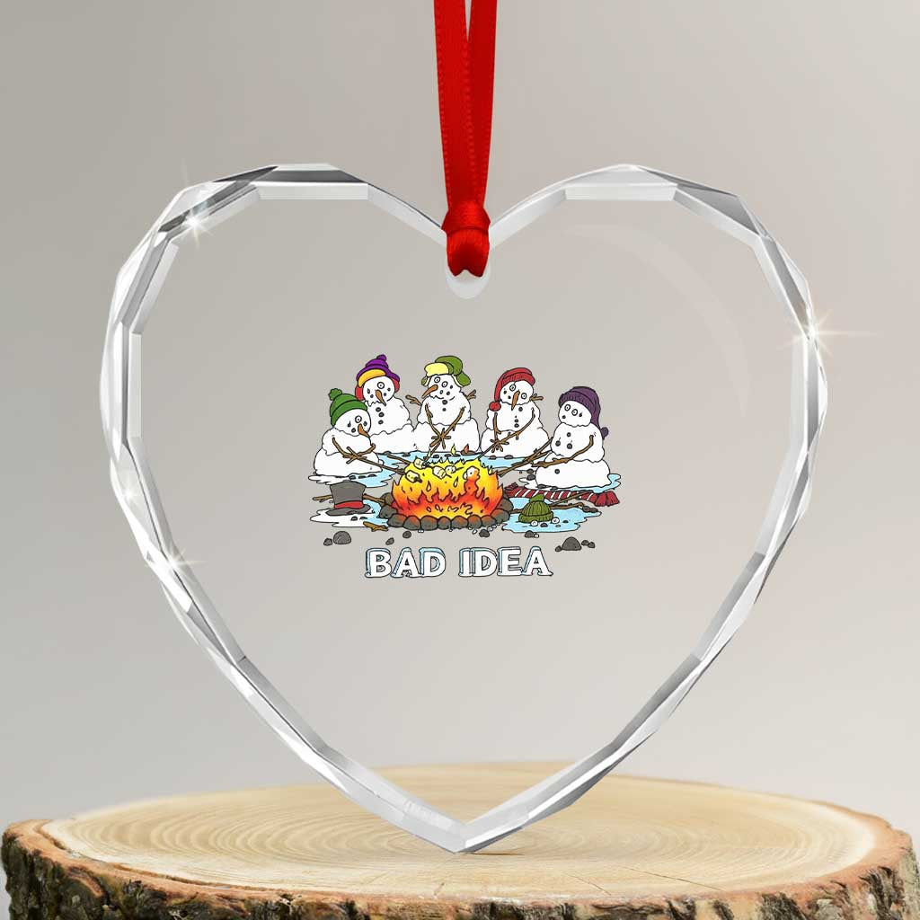 Christmas Snowman Campfire Heart Crystal Glass Ornament Bad Idea Melting Snowman Family Roasting Marshmallows - Wonder Print Shop