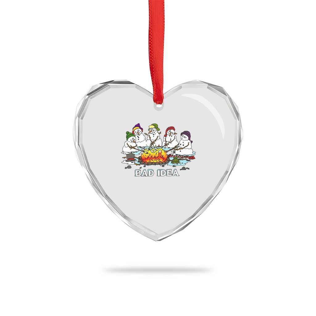 Christmas Snowman Campfire Heart Crystal Glass Ornament Bad Idea Melting Snowman Family Roasting Marshmallows - Wonder Print Shop