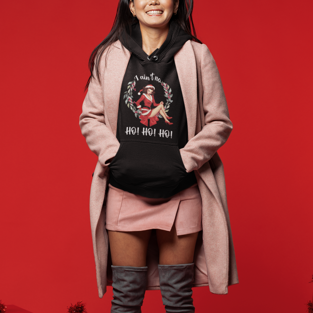 Christmas Hoodie I Ain't No Ho Ho Ho Women Vintage Xmas - Wonder Print Shop