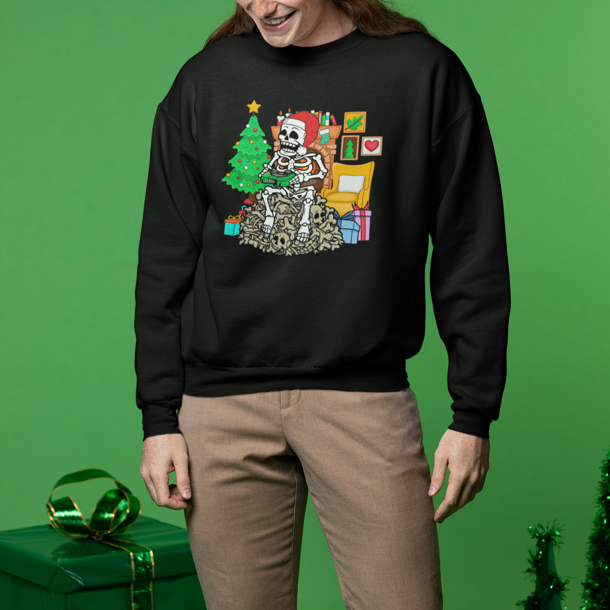Christmas Gaming Skeleton Gamer Skull Sweatshirt - Wonder Print Shop