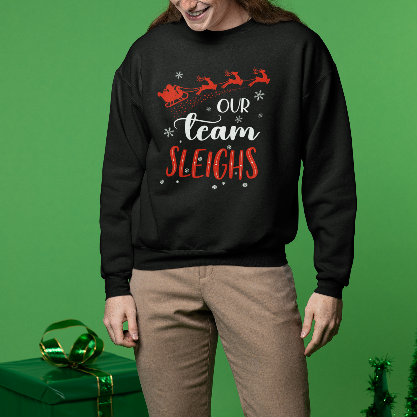 Our Team Sleigh Christmas Santa Reindeer Office Staff Sweatshirt - Wonder Print Shop