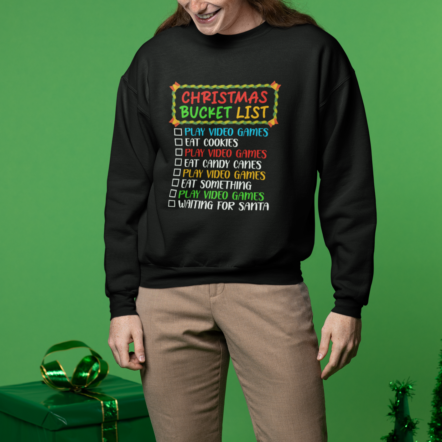 Christmas Bucket List Play Video Games Eat Something And Wait For Santa Sweatshirt - Wonder Print Shop