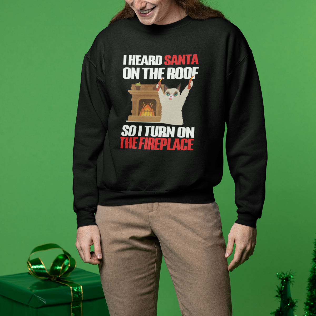 Cat Hates Santa Turned On The Fireplace Funny Christmas Sweatshirt - Wonder Print Shop