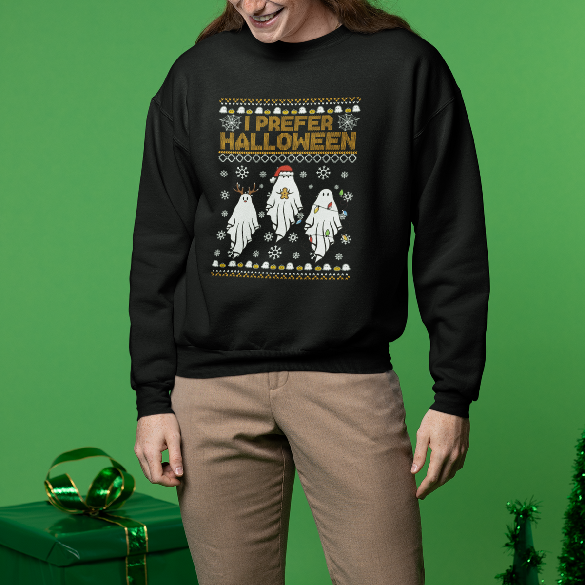 Christmas Sweatshirt I Prefer Halloween Cute Santa Ghost Boo Skeleton - Wonder Print Shop