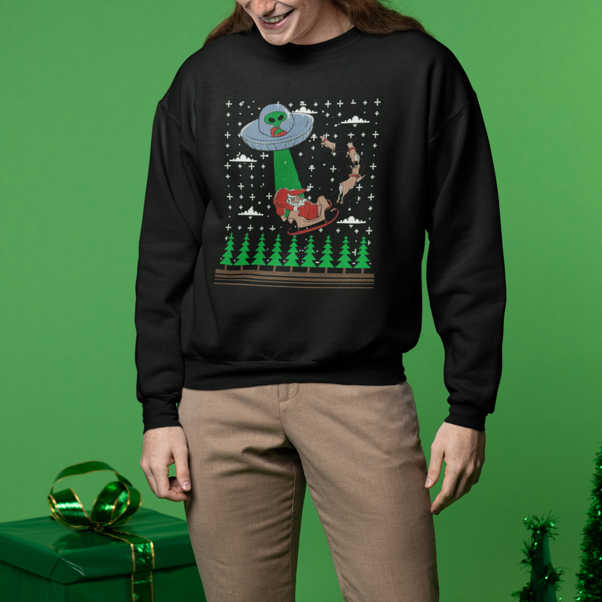 Christmas Sweatshirt Alien Invasion Space UFO Catch Santa - Wonder Print Shop