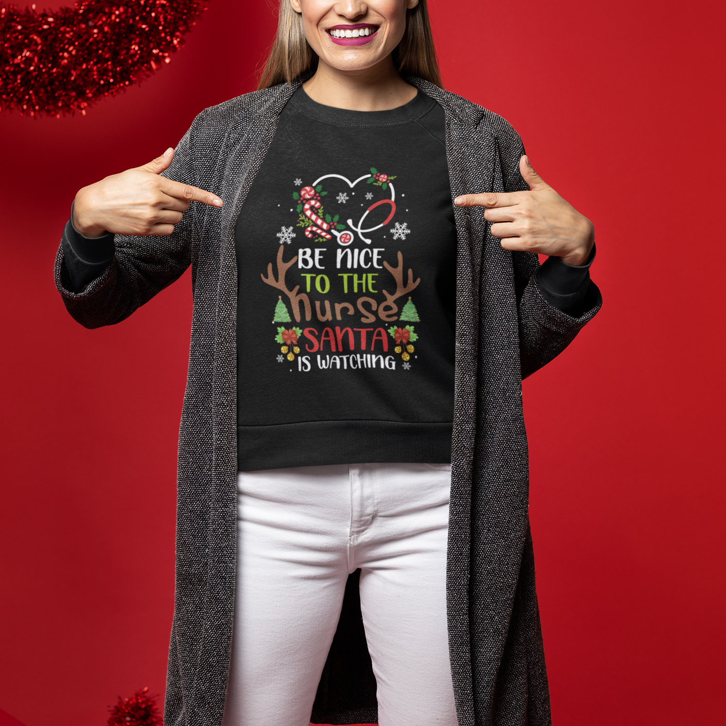 Be Nice To The Nurse Santa is Watching Funny Christmas Sweatshirt - Wonder Print Shop
