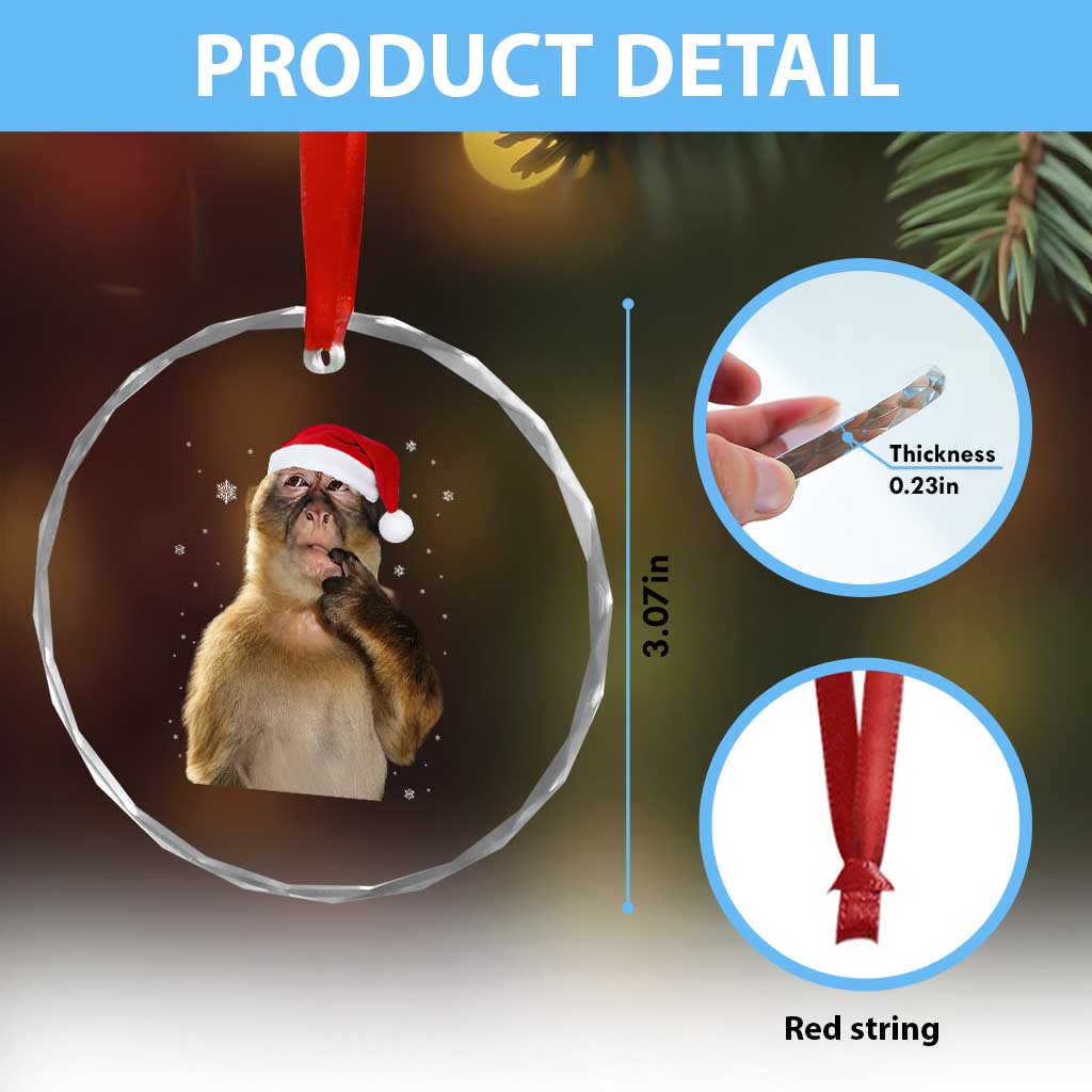 Christmas Thinking Monkey Meme Humor Brainrot Crystal Glass Ornament TS11