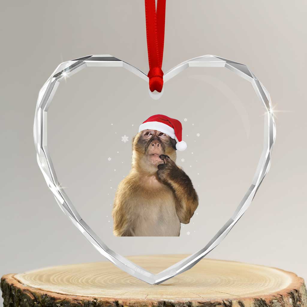 Christmas Thinking Monkey Meme Humor Brainrot Heart Crystal Glass Ornament - Wonder Print Shop