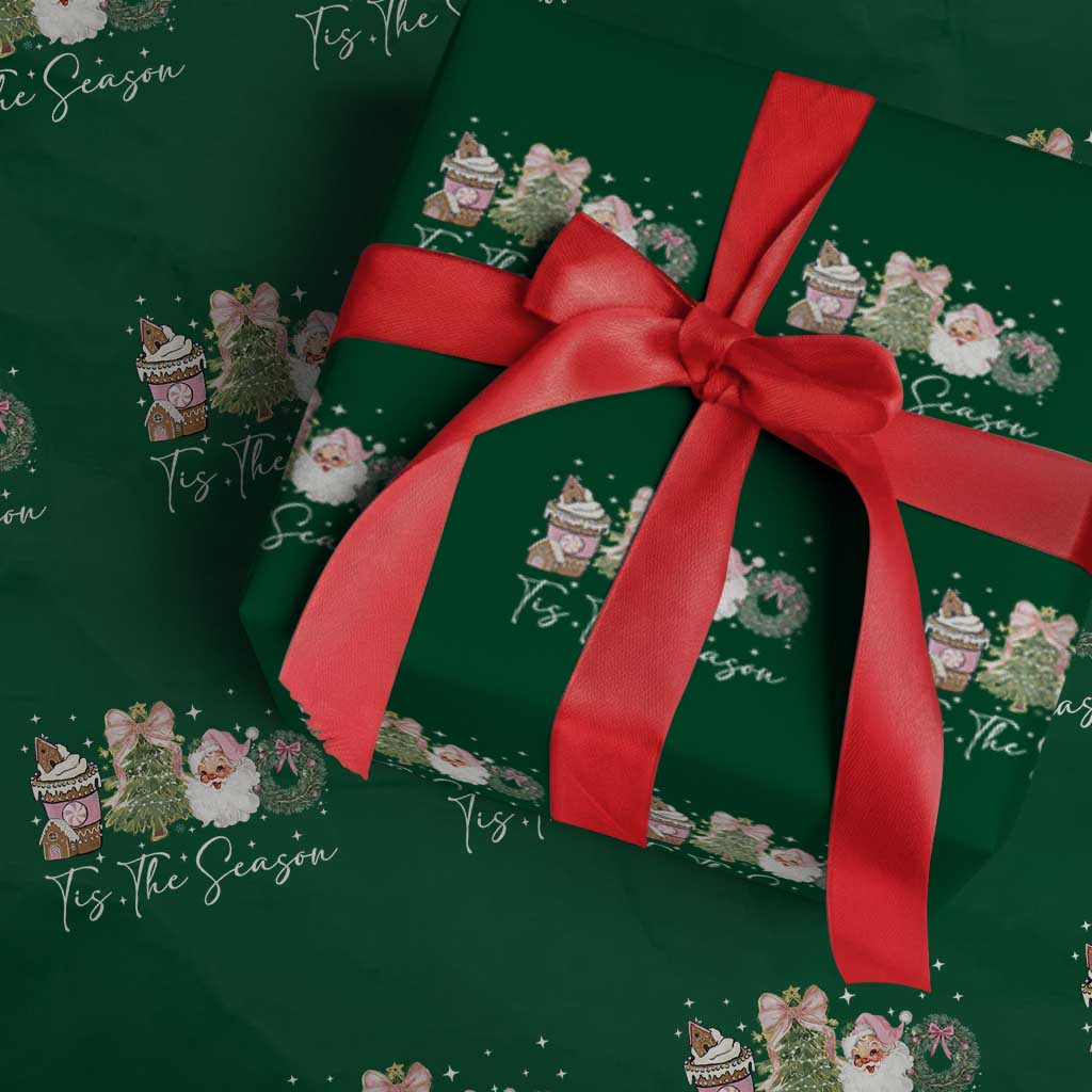 Christmas Tis The Season Wrapping Paper Roll Cute Winter Old Xmas Vintage Pink Santa Claus - Wonder Print Shop