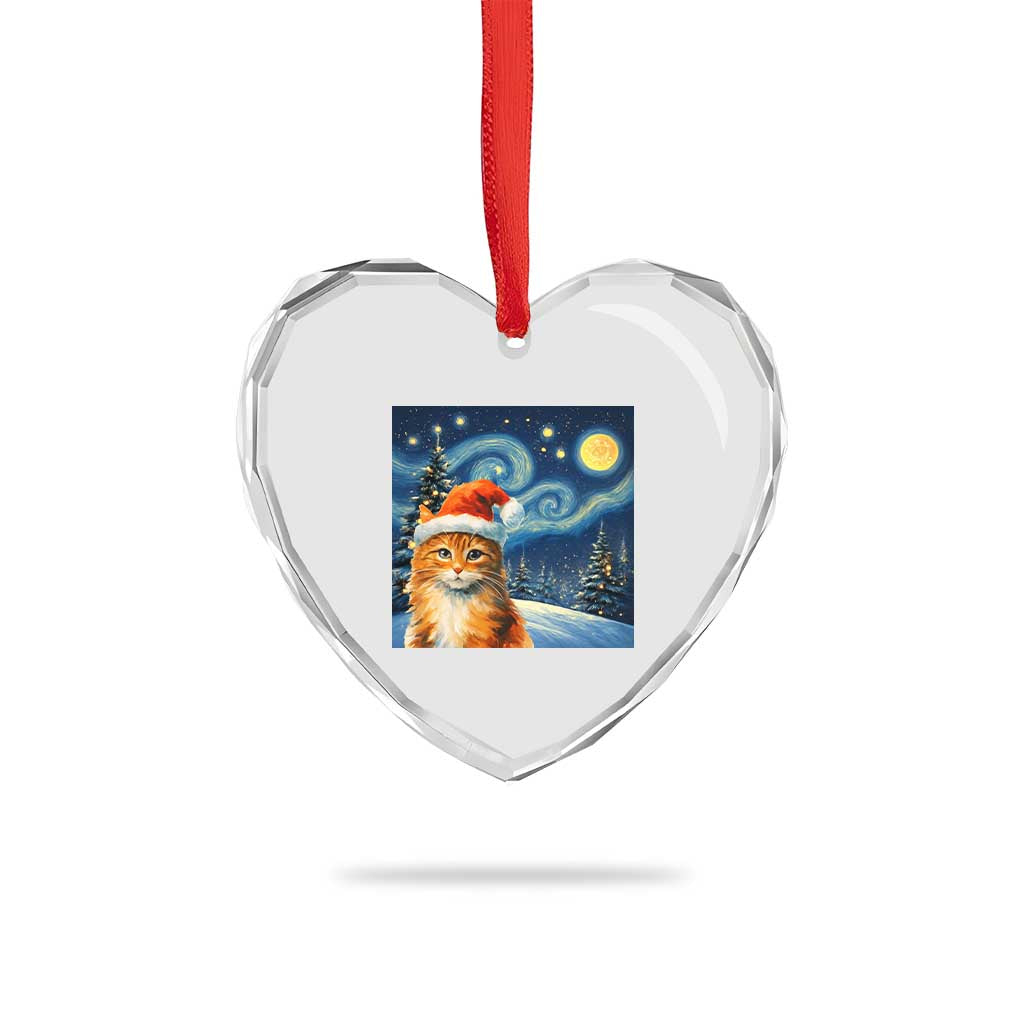 Christmas Van Gogh Cat Heart Crystal Glass Ornament - Wonder Print Shop
