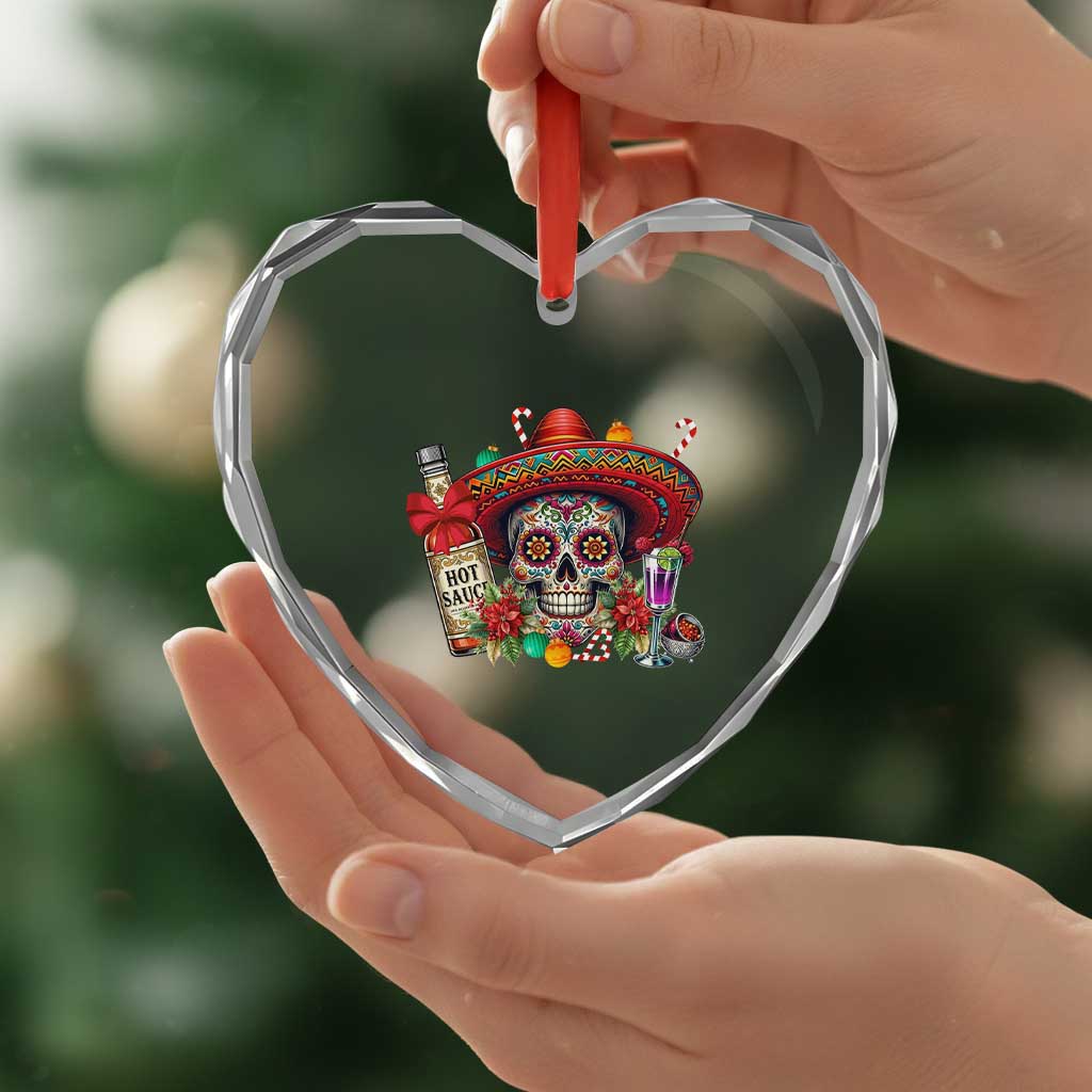 Cinco De Mayo Christmas Heart Crystal Glass Ornament Mexican Sugar Skull Sombrero Tequila Party - Wonder Print Shop