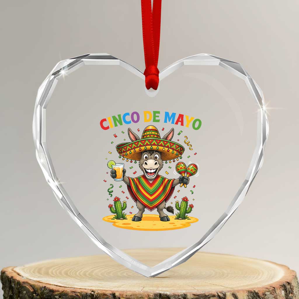Cinco de Mayo Donkey Mexican Fiesta Heart Crystal Glass Ornament