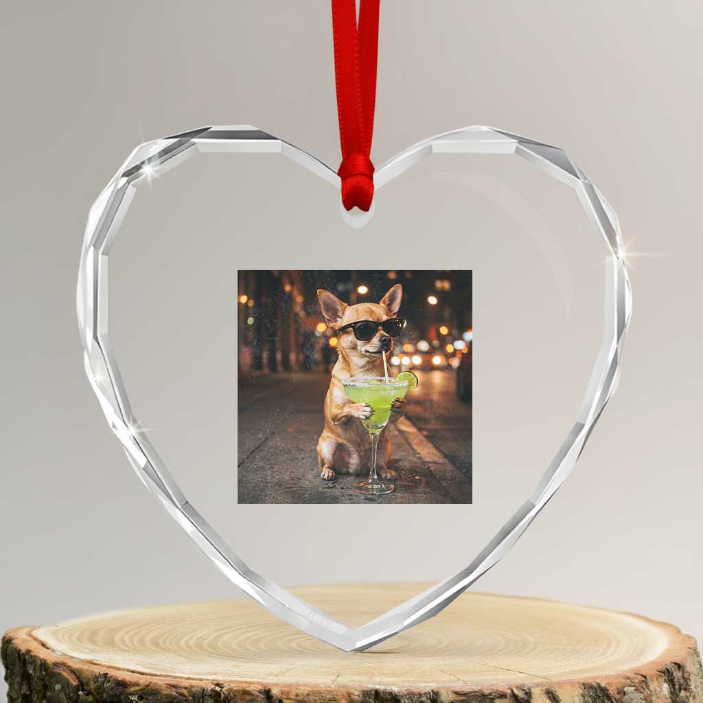 Cinco de Mayo Margarita Heart Crystal Glass Ornament Funny Chihuahua Drinking Cocktail Mexican Fiesta Gift