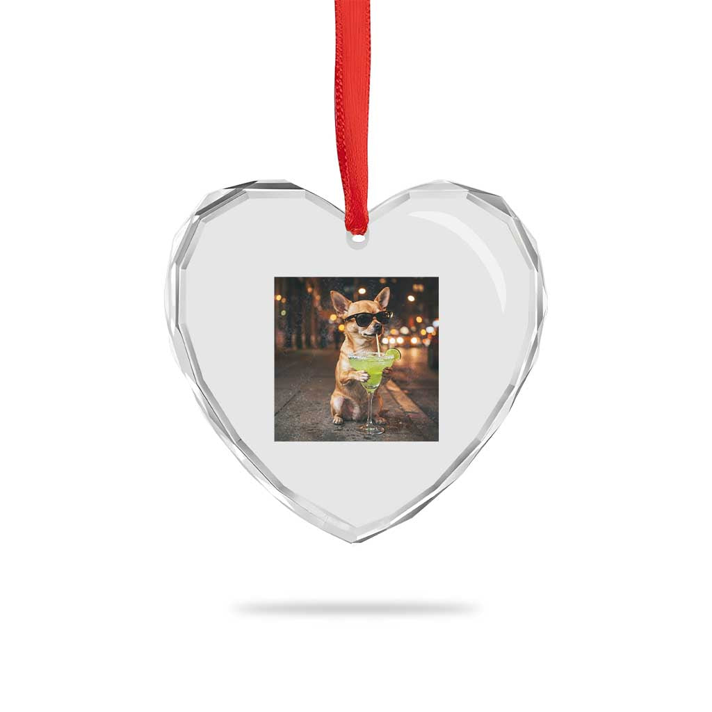 Cinco de Mayo Margarita Heart Crystal Glass Ornament Funny Chihuahua Drinking Cocktail Mexican Fiesta Gift