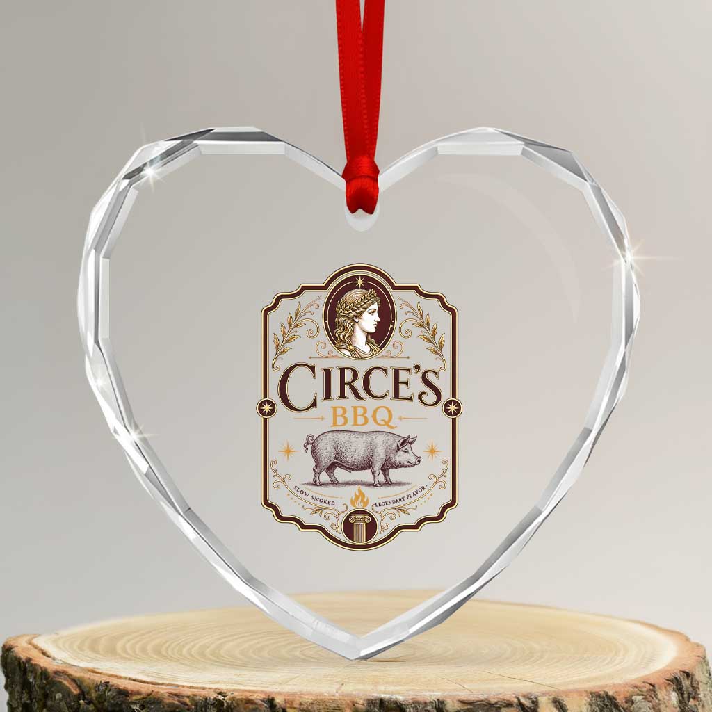 Circes BBQ Funny Greek Mythology Dark Humor Heart Crystal Glass Ornament Slow Smoked Legendary Flavor Odysseus Pigs Odyssey Parody