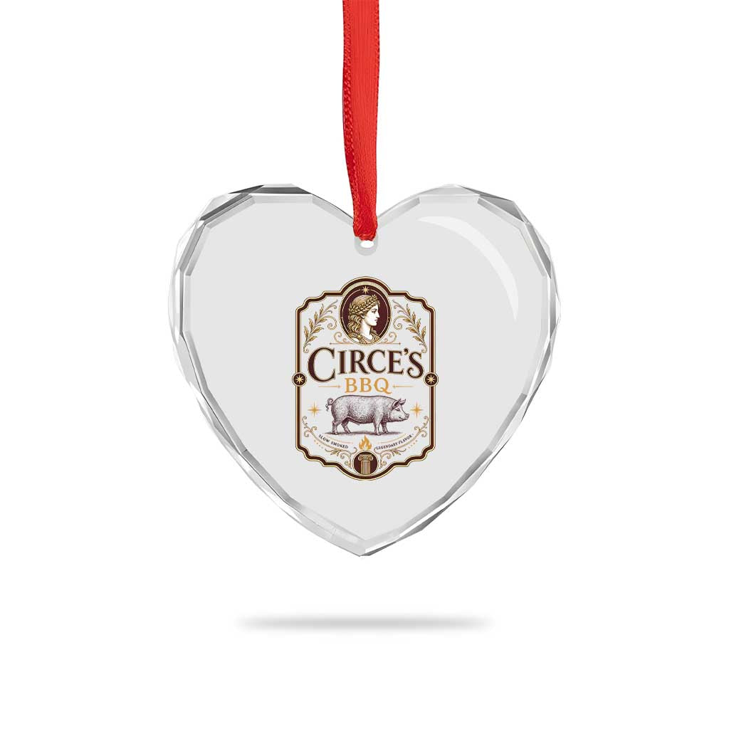 Circes BBQ Funny Greek Mythology Dark Humor Heart Crystal Glass Ornament Slow Smoked Legendary Flavor Odysseus Pigs Odyssey Parody