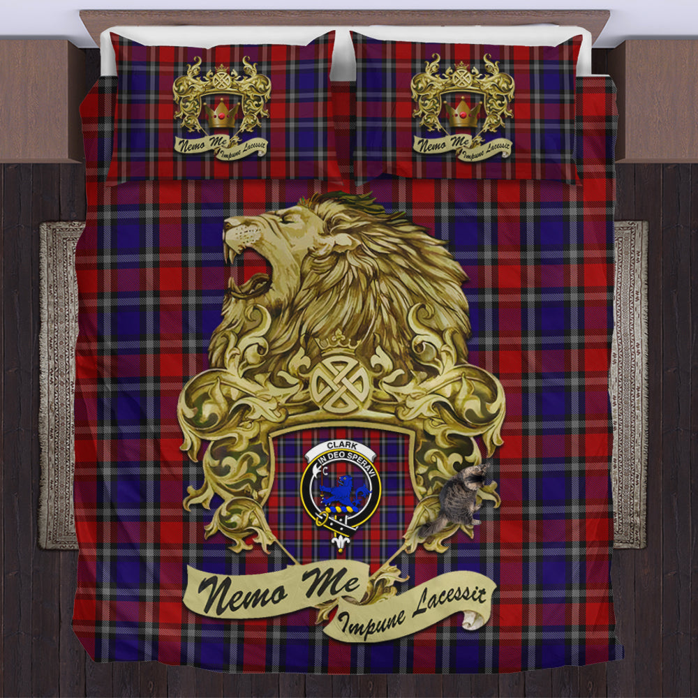 clark-lion-red-tartan-bedding-set-motto-nemo-me-impune-lacessit-with-vintage-lion-family-crest-tartan-plaid-duvet-cover-scottish-tartan-plaid-comforter-vintage-style