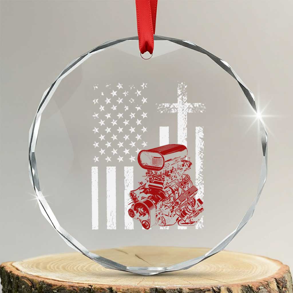 Classic Big Block Blower Crystal Glass Ornament Patriotic Racing Engine American Flag Christian Cross