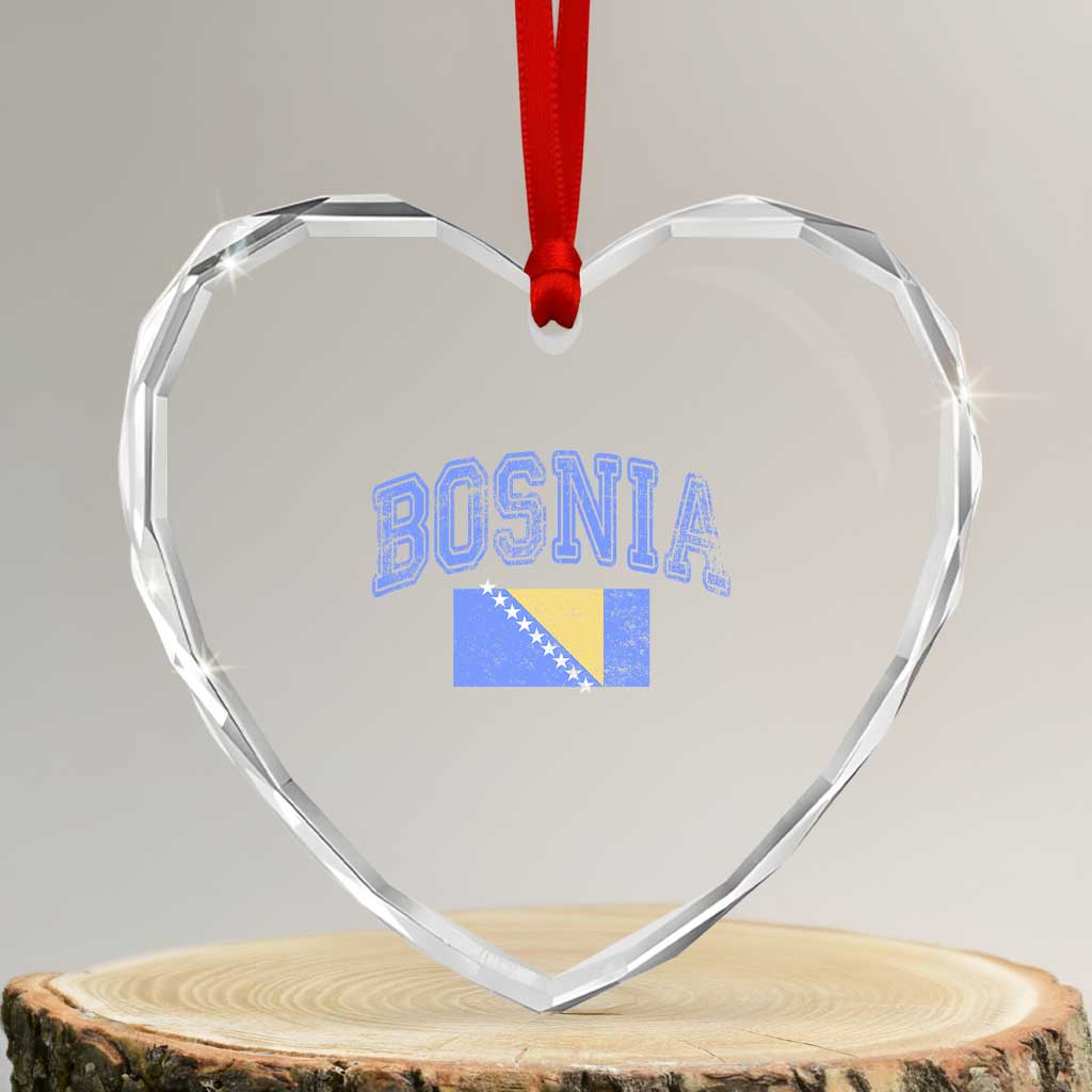 Classic Distressed Bosnia National Flag Varsity Style Heart Crystal Glass Ornament Sports Fan Athletic Graphic