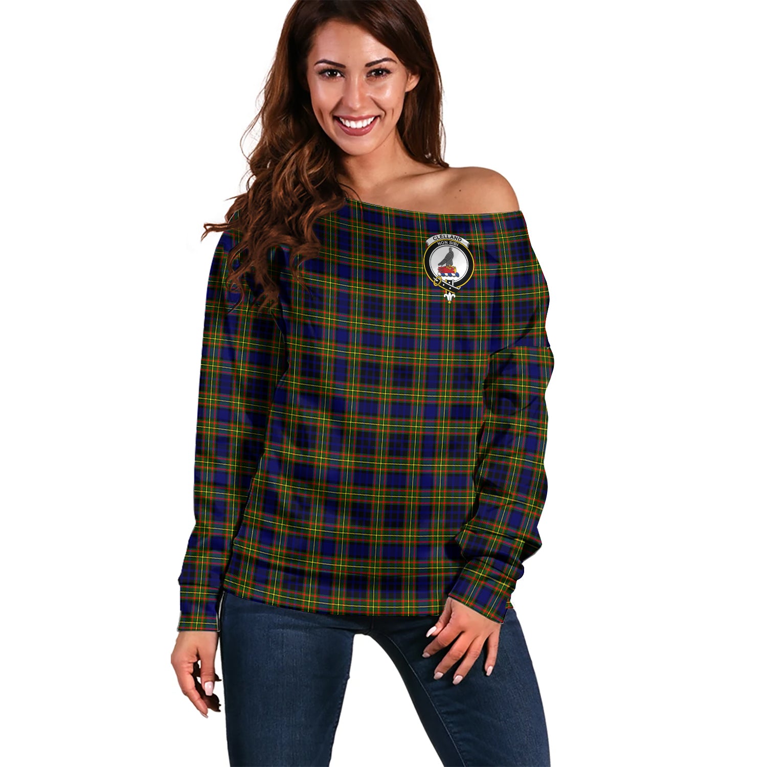 clelland-modern-clan-tartan-off-shoulder-sweater-family-crest-sweater-for-women