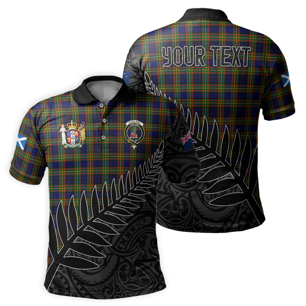 clelland-modern-tartan-family-crest-golf-shirt-with-fern-leaves-and-coat-of-arm-of-new-zealand-personalized-your-name-scottish-tatan-polo-shirt
