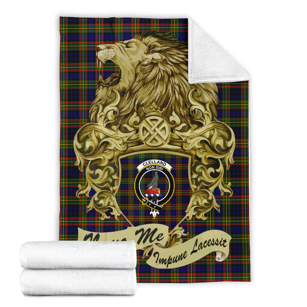 clelland-modern-tartan-premium-blanket-motto-nemo-me-impune-lacessit-with-vintage-lion-family-crest-tartan-plaid-blanket-vintage-style
