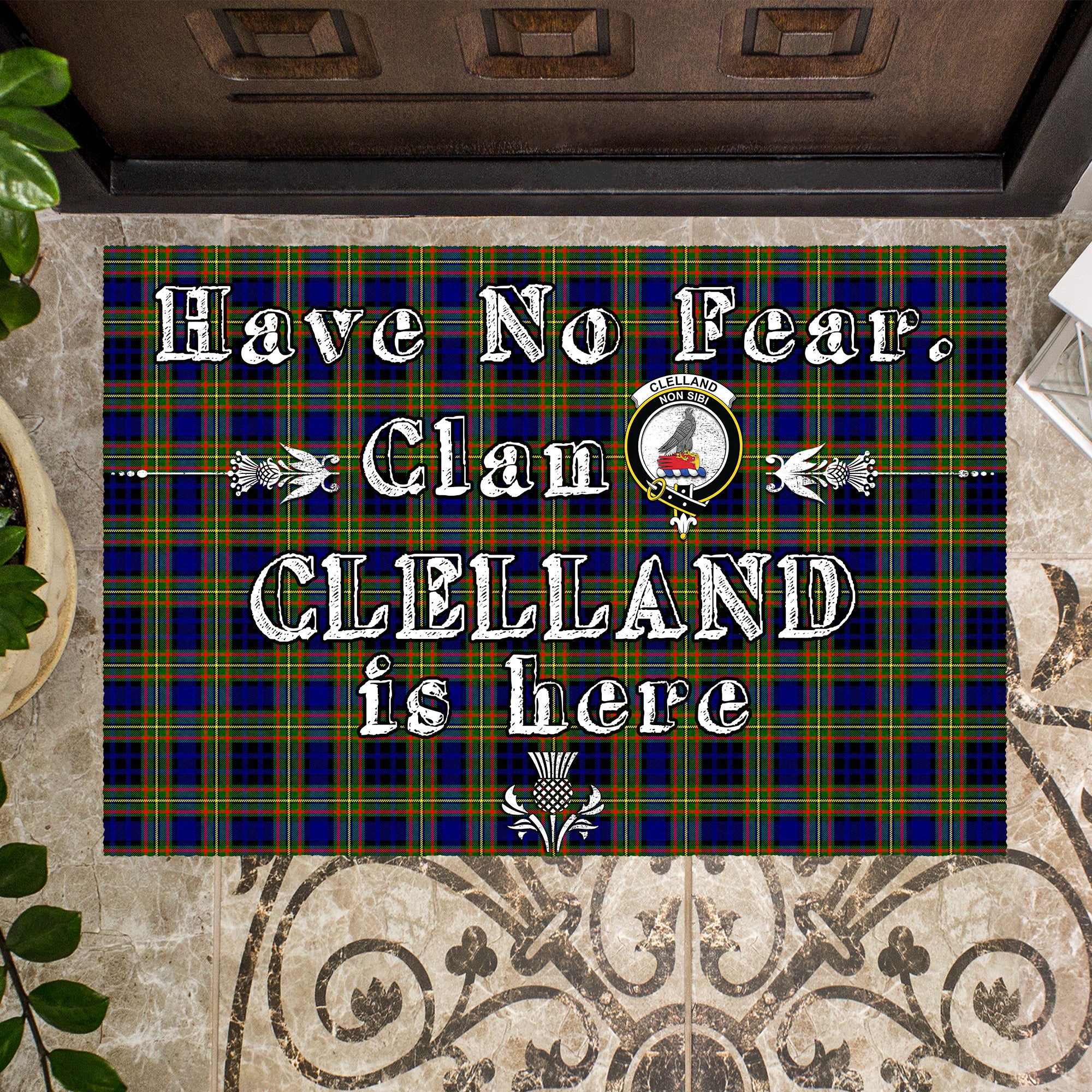 clelland-modern-clan-tartan-door-mat-family-crest-have-no-fear-tartan-door-mat