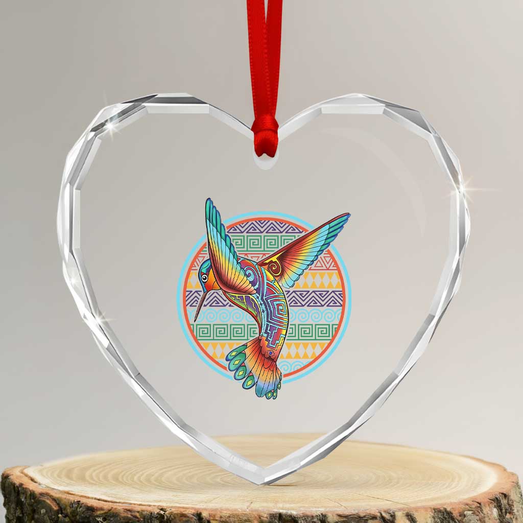 Colorful Geometric Tribal Hummingbird Heart Crystal Glass Ornament Southwest Pattern Graphic