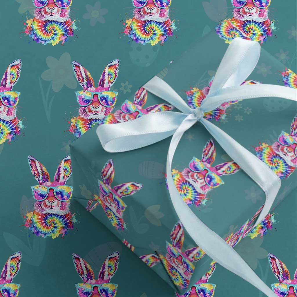 Colorful Tie Dye Bunny with Sunglasses Wrapping Paper Roll Cool Easter Rabbit Retro Hippie Vibe Graphic Gift