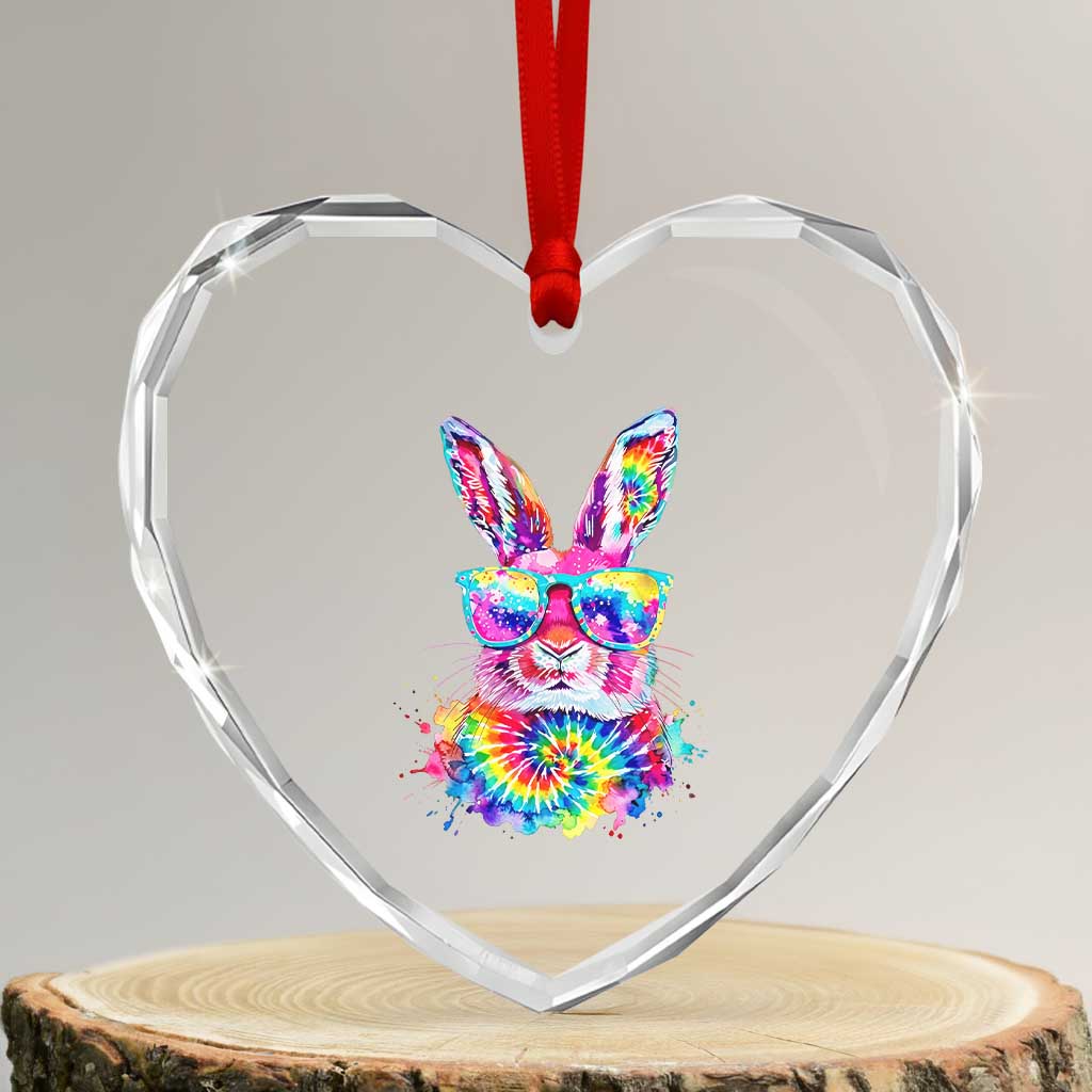 Colorful Tie Dye Bunny with Sunglasses Heart Crystal Glass Ornament Cool Easter Rabbit Retro Hippie Vibe Graphic Gift
