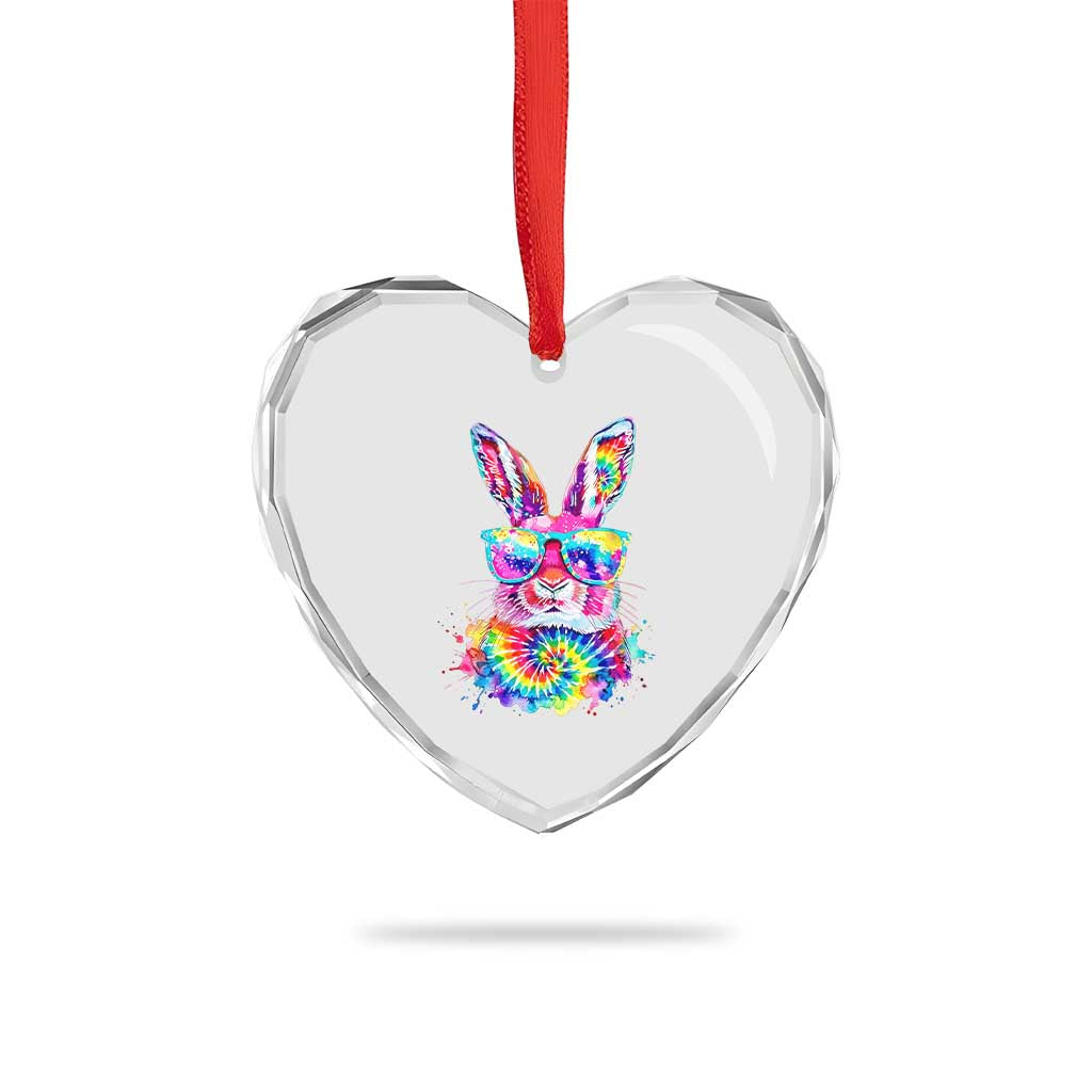 Colorful Tie Dye Bunny with Sunglasses Heart Crystal Glass Ornament Cool Easter Rabbit Retro Hippie Vibe Graphic Gift