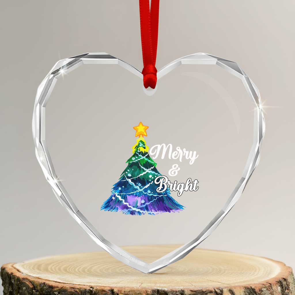Colorful Xmas Tree Merry And Bright Heart Crystal Glass Ornament - Wonder Print Shop