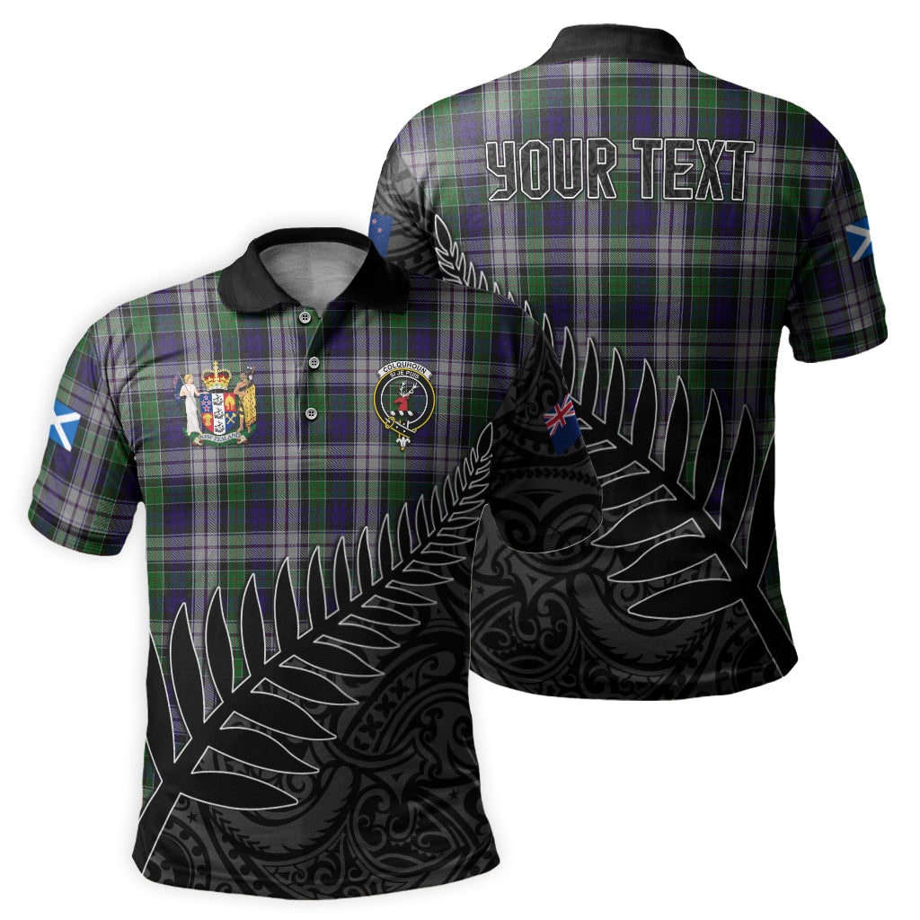 colquhoun-dress-tartan-family-crest-golf-shirt-with-fern-leaves-and-coat-of-arm-of-new-zealand-personalized-your-name-scottish-tatan-polo-shirt