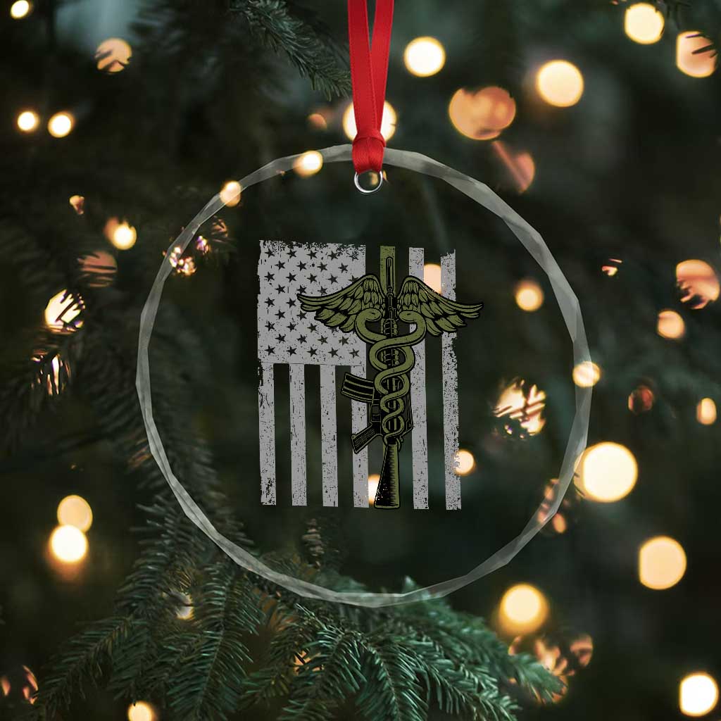 Combat Medic Soldier Crystal Glass Ornament Caduceus Vintage American Flag TS11