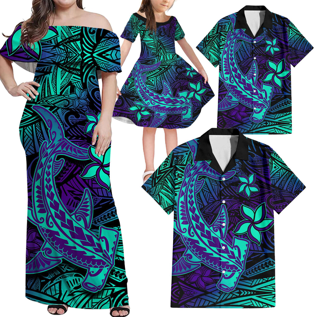Purple Polynesian Family Matching Outfits Off Shoulder Maxi Dress And Hawaiian Shirt Tribal Hammerhead Shark - Wonder Print Shop