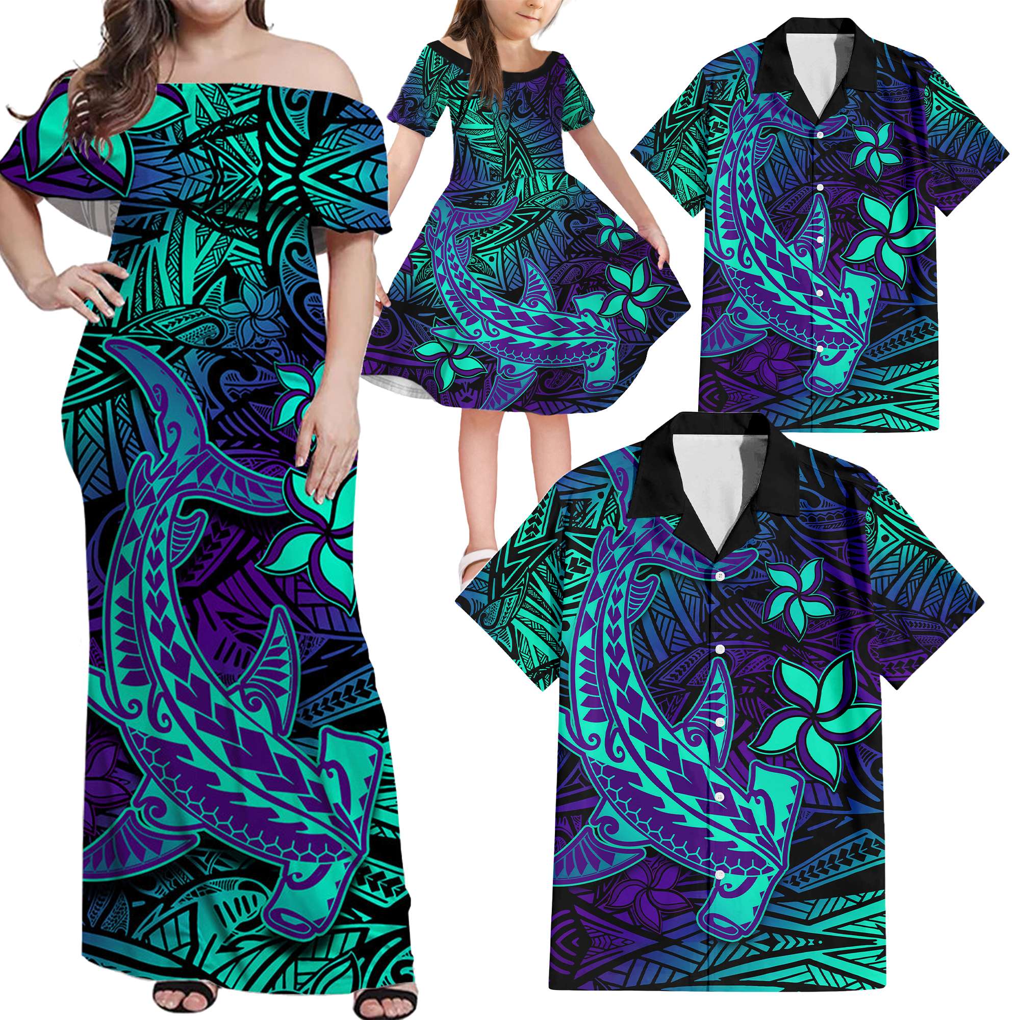Purple Polynesian Family Matching Outfits Off Shoulder Maxi Dress And Hawaiian Shirt Tribal Hammerhead Shark - Wonder Print Shop