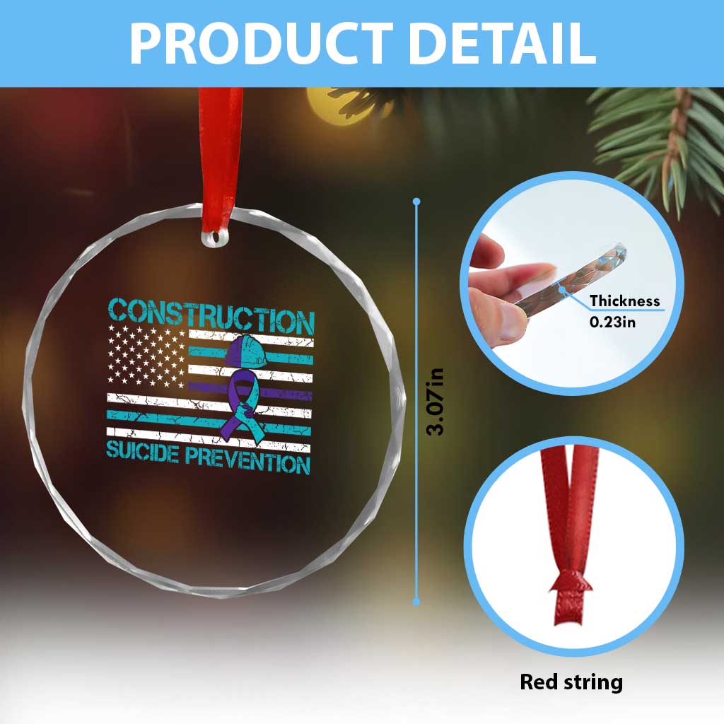 Construction Suicide Prevention Awareness Crystal Glass Ornament Mental Health American Flag