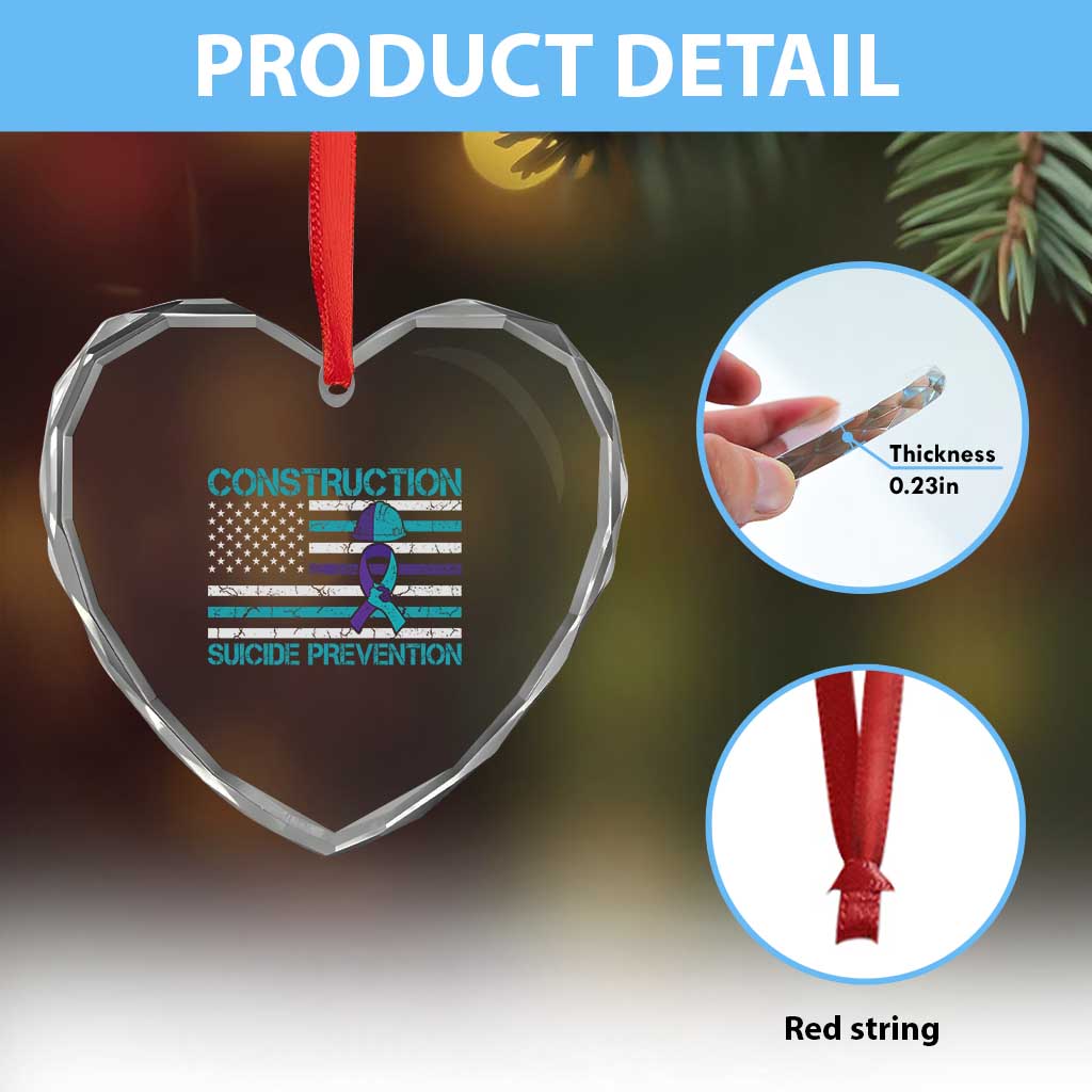 Construction Suicide Prevention Awareness Heart Crystal Glass Ornament Mental Health American Flag