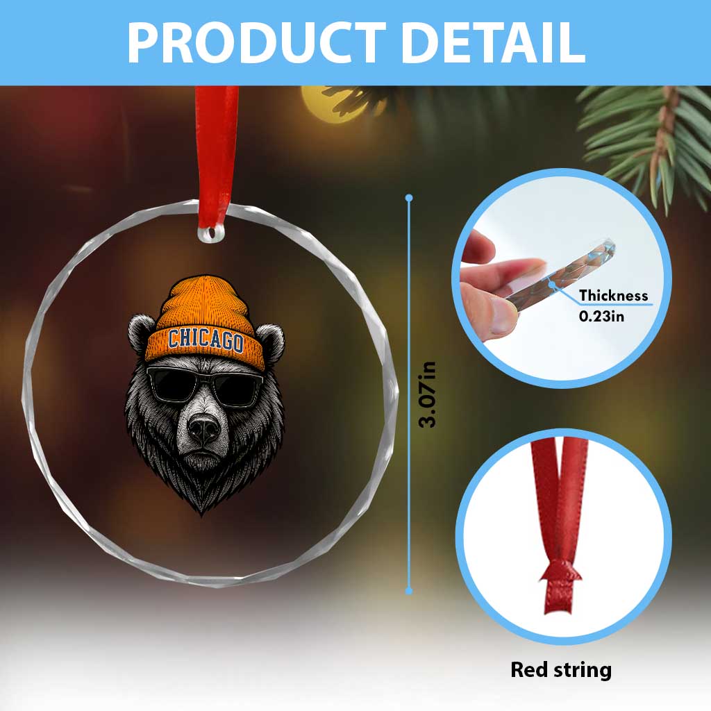 Cool Bear Chicago Graphic Crystal Glass Ornament Retro Vibe City Pride Beanie and Sunglasses TS02