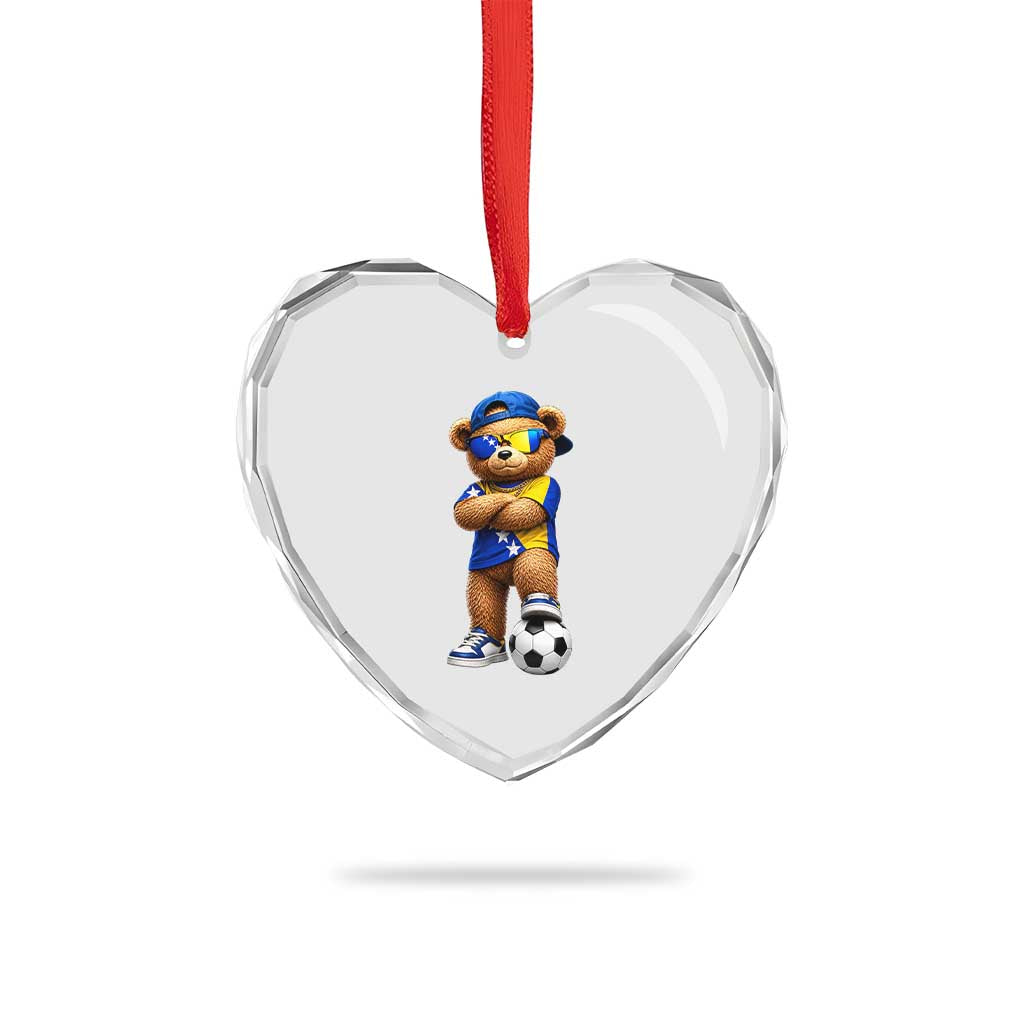 Cool Bosnia Herzegovina Flag Teddy Bear Soccer Fan Heart Crystal Glass Ornament BIH Bosnian Heritage Football Lovers
