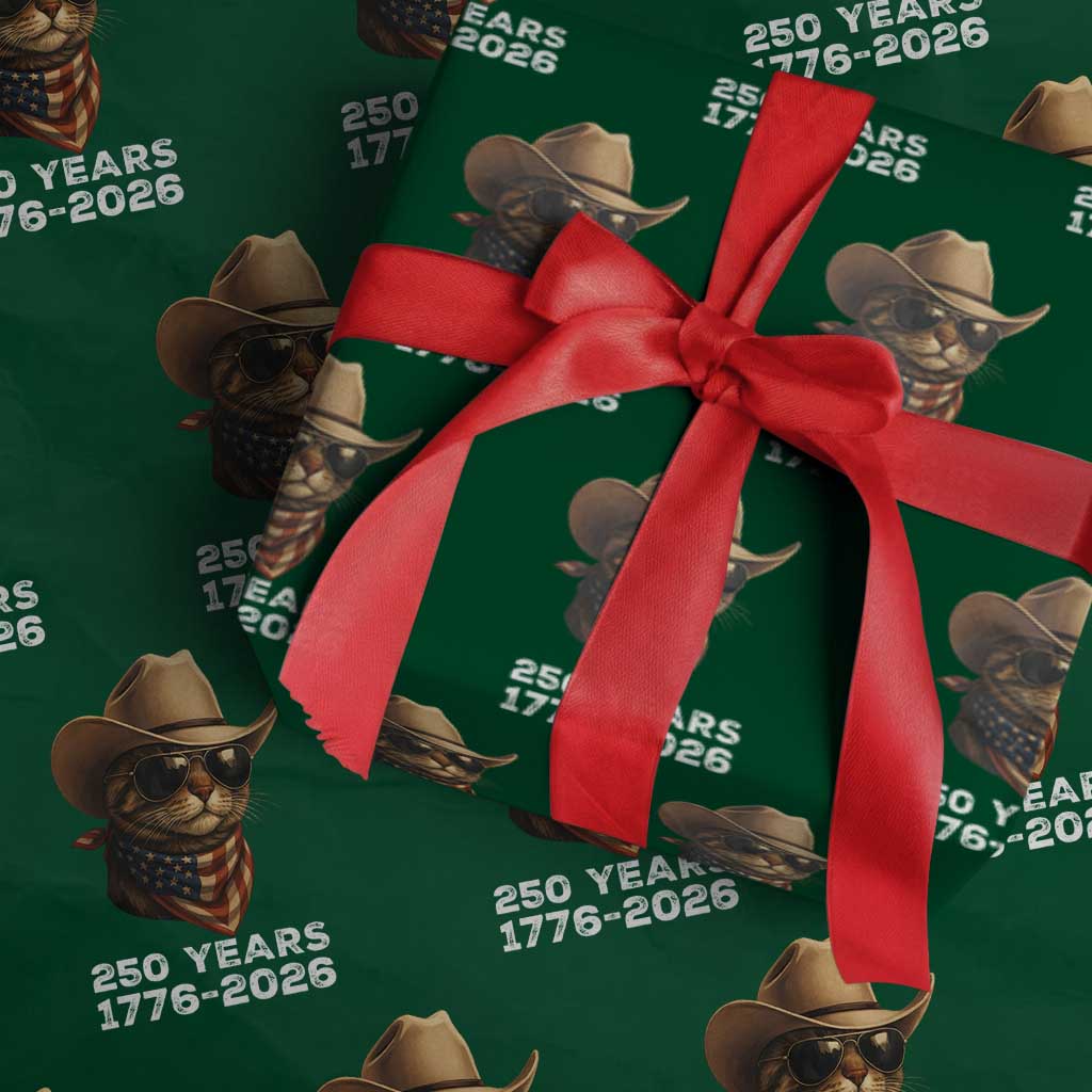 Cool Cowboy Cat 250 Years Wrapping Paper Roll Funny Patriotic 1776 to 2026 US Semiquincentennial - Wonder Print Shop